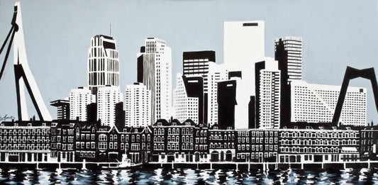Poster Skyline Rotterdam, handgetekende Rotterdam kunst en skyline ingelijst