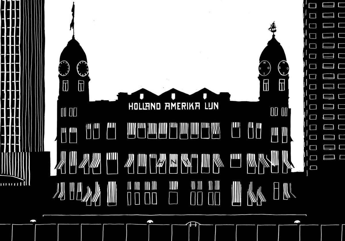 Detail van Hotel New York Rotterdam handgetekende art print