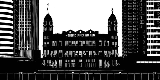Poster Hotel New York Rotterdam, handgetekende Rotterdam kunst en skyline ingelijst