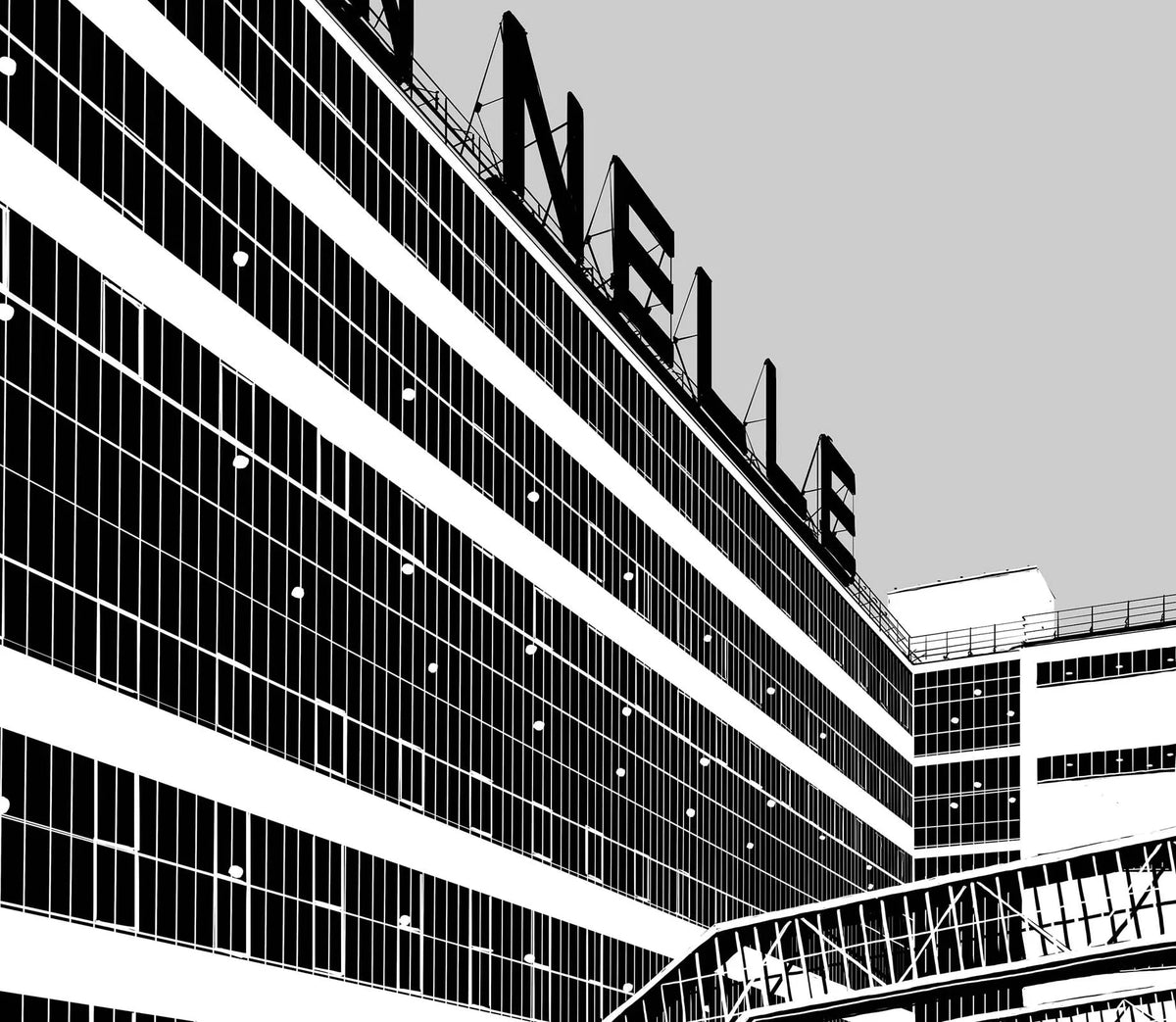 Handgetekende poster Van Nellefabriek Rotterdam, kunst geïnspireerd op skyline Rotterdam detail