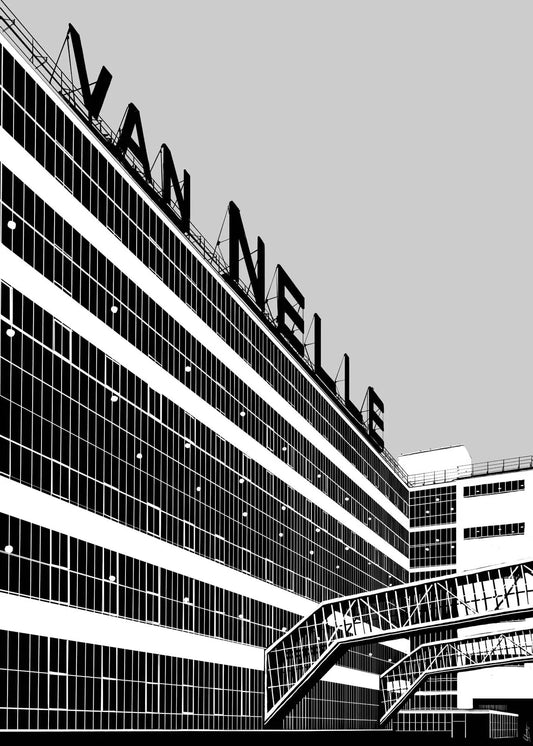 Van Nellefabriek Rotterdam poster, Rotterdam tekening met architectuur en skyline ingelijst