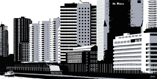 Handgetekende poster Boompjes 2 Rotterdam, kunst geïnspireerd op skyline Rotterdam ingelijst