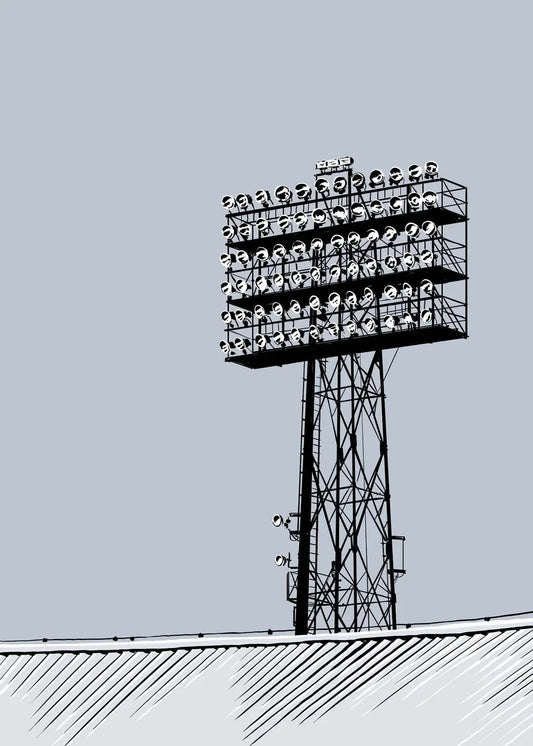 Lichtmast Feyenoordstadion poster, Rotterdam tekening met architectuur en skyline ingelijst