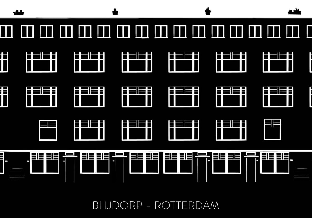 Poster Statenweg Blijdorp Rotterdam, handgetekende Rotterdam kunst en skyline detail