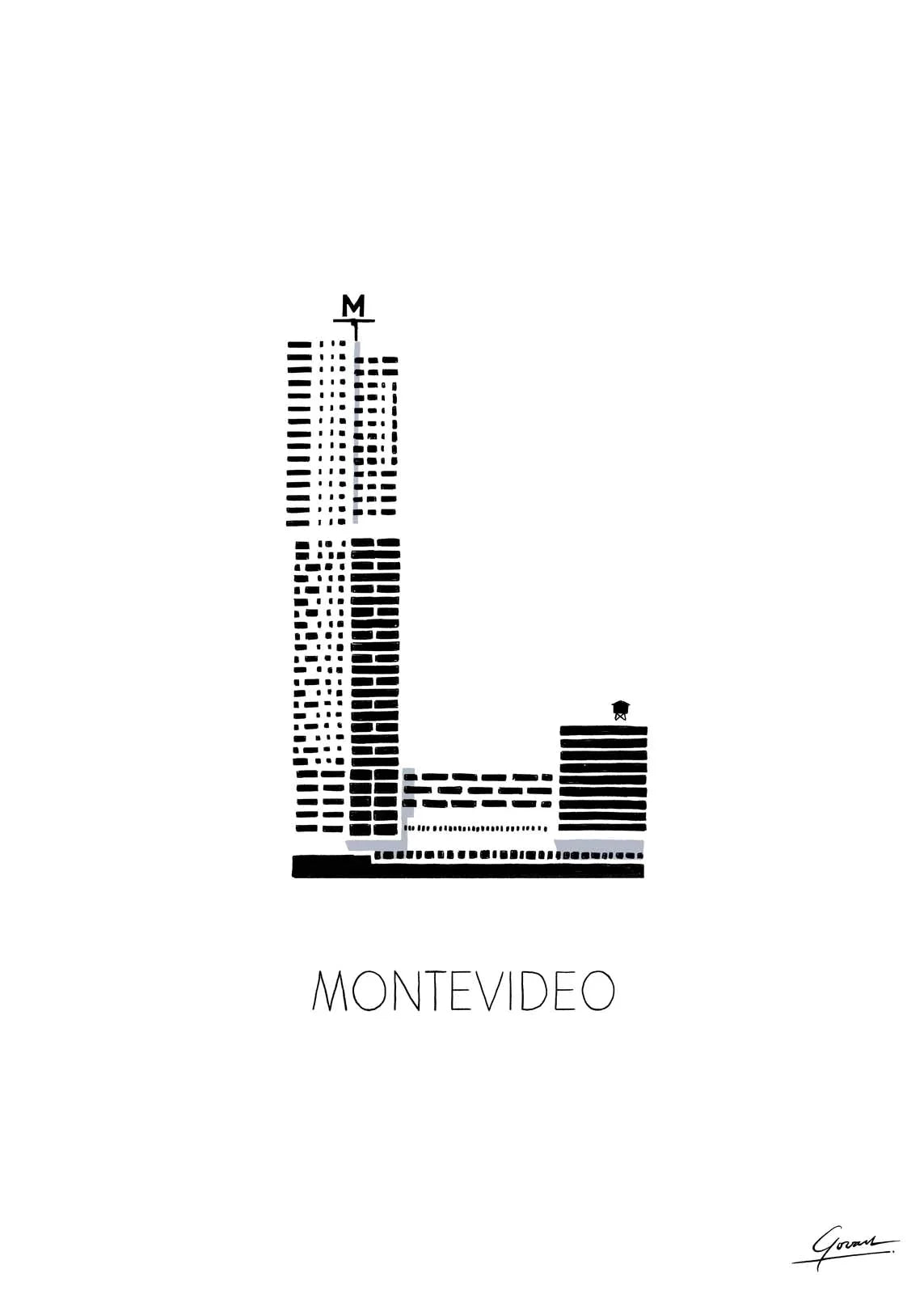 Poster Montevideo Woontoren Rotterdam, handgetekende Rotterdam kunst en skyline detail