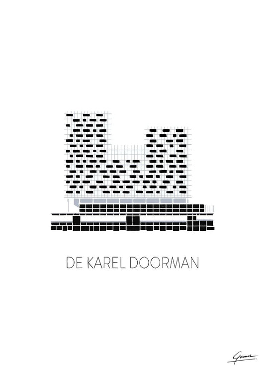 Handgetekende poster De Karel Doorman Rotterdam, kunst geïnspireerd op skyline Rotterdam ingelijst