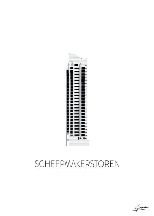 Poster Scheepmakerstoren Rotterdam, handgetekende Rotterdam kunst en skyline ingelijst