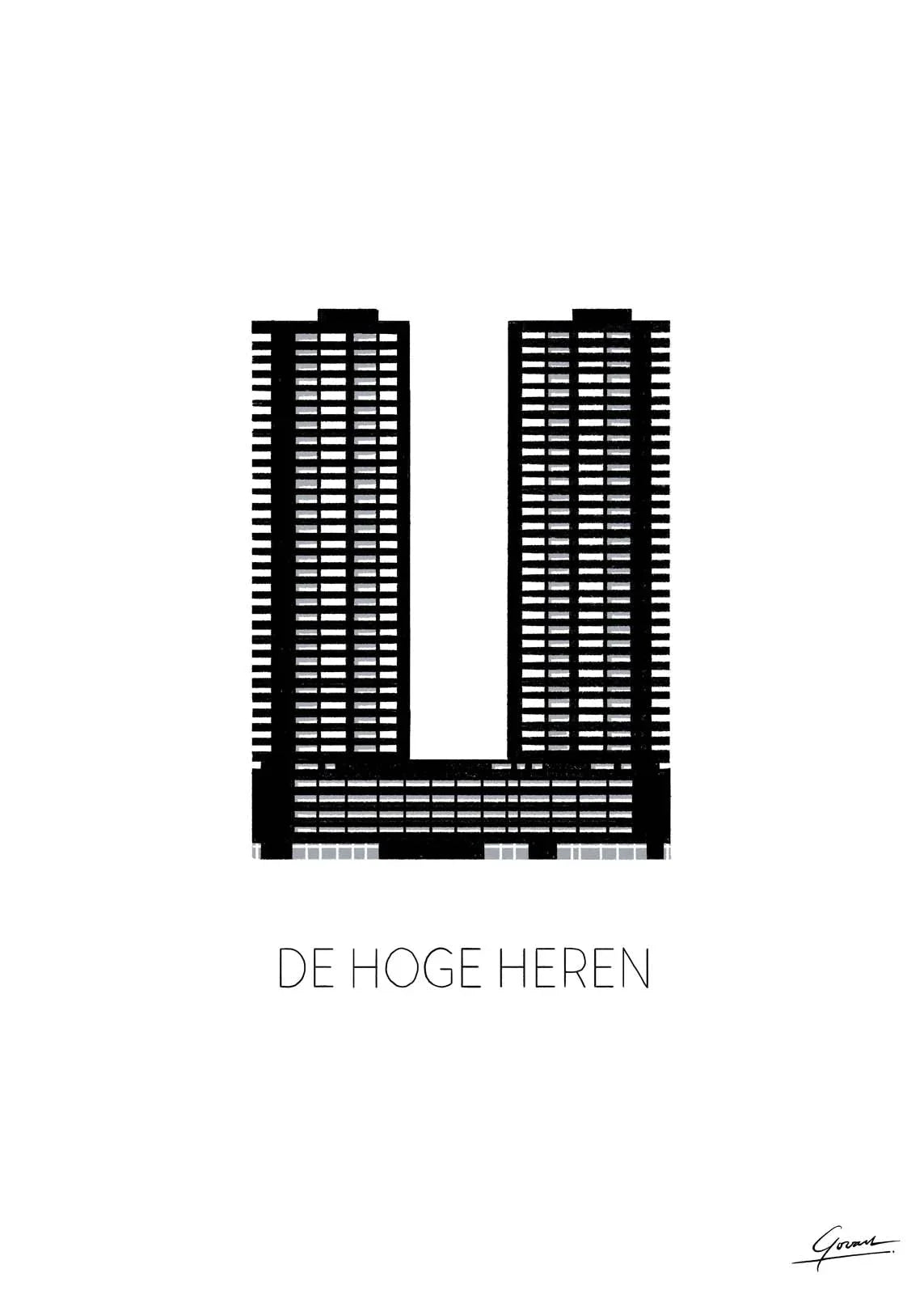 Poster Hoge Heren Rotterdam, handgetekende Rotterdam kunst en skyline detail