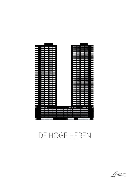 Handgetekende poster Hoge Heren Rotterdam, kunst geïnspireerd op skyline Rotterdam ingelijst