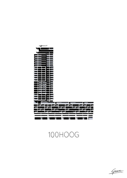100 Hoog Rotterdam poster, Rotterdam tekening met architectuur en skyline ingelijst