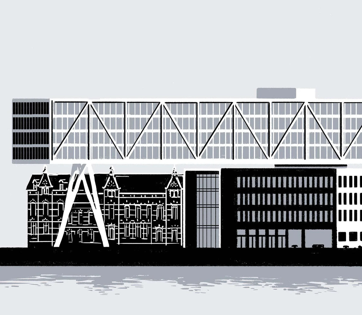De Brug Unilever poster, handgetekende stadsillustratie en skyline detail