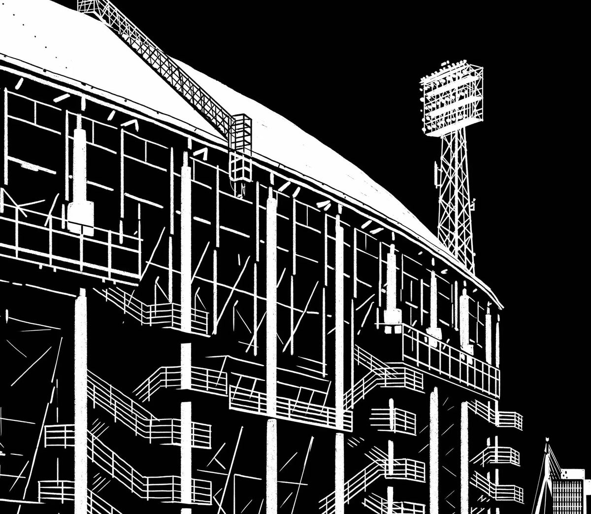 Poster De Kuip Feyenoordstadion, handgetekende Rotterdam kunst en skyline detail