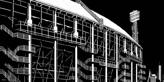 Handgetekende poster De Kuip Feyenoordstadion, kunst geïnspireerd op skyline Rotterdam ingelijst