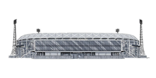 De Kuip 2 poster, Rotterdam tekening met architectuur en skyline ingelijst