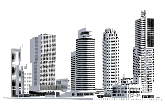 Poster Hoogbouw Wilhelminapier Rotterdam, handgetekende Rotterdam kunst en skyline ingelijst
