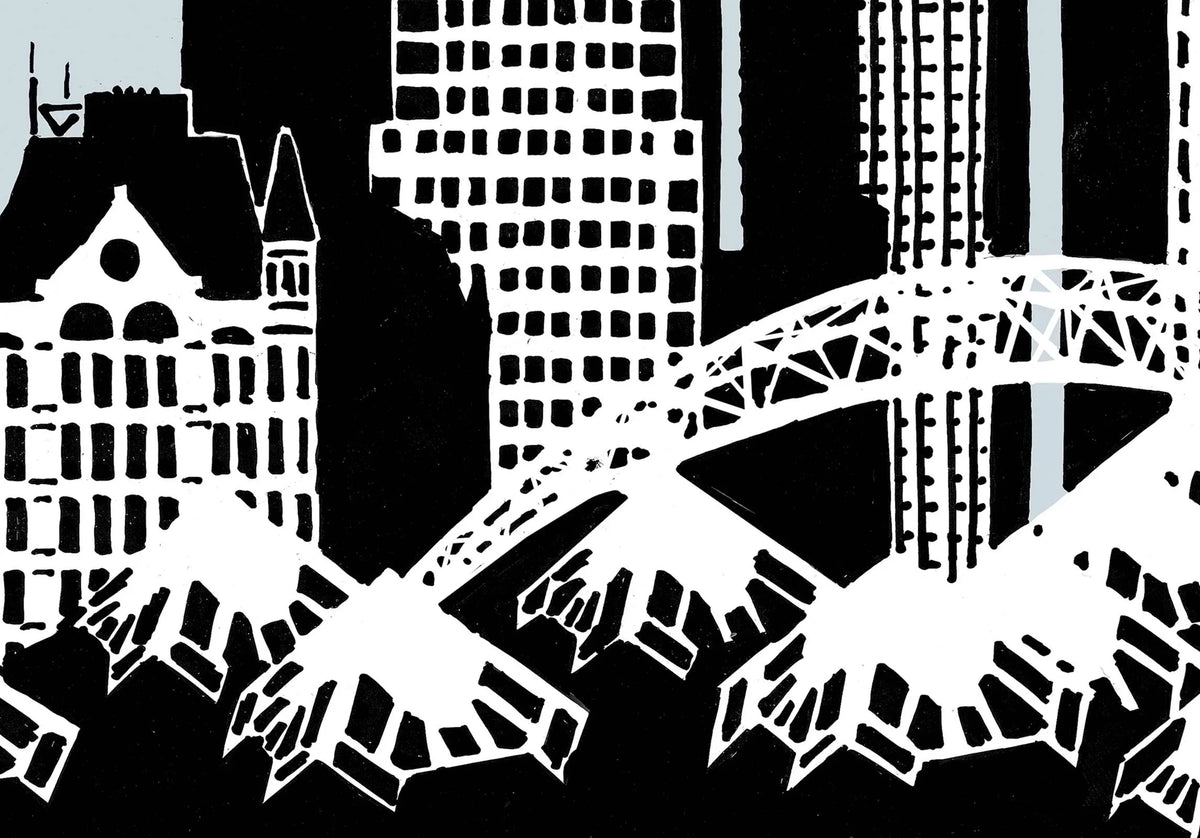 Handgetekende poster Blaak Rotterdam, kunst geïnspireerd op skyline Rotterdam detail