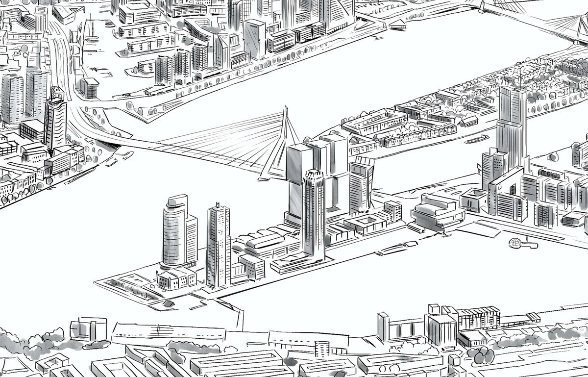 Rotterdam Hoogbouw van Bovenaf poster, Rotterdam tekening met architectuur en skyline detail