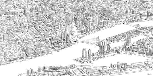 Poster Rotterdam Hoogbouw van Bovenaf, handgetekende Rotterdam kunst en skyline ingelijst
