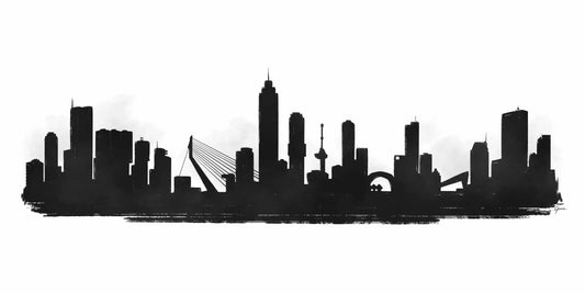 Handgetekende poster Skyline Rotterdam Silhouette, kunst geïnspireerd op skyline Rotterdam ingelijst