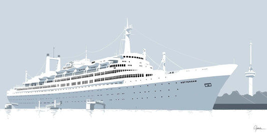 Poster SS Rotterdam, handgetekende Rotterdam kunst en skyline ingelijst