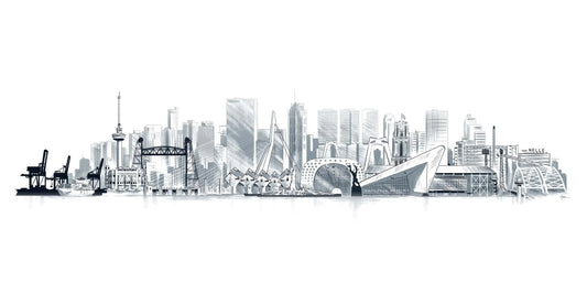 Handgetekende poster Rotterdam Skyline Compilatie, kunst geïnspireerd op skyline Rotterdam ingelijst
