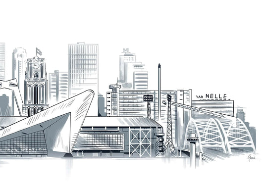 Raffinaderij 3 Rotterdam poster, Rotterdam tekening met architectuur en skyline ingelijst