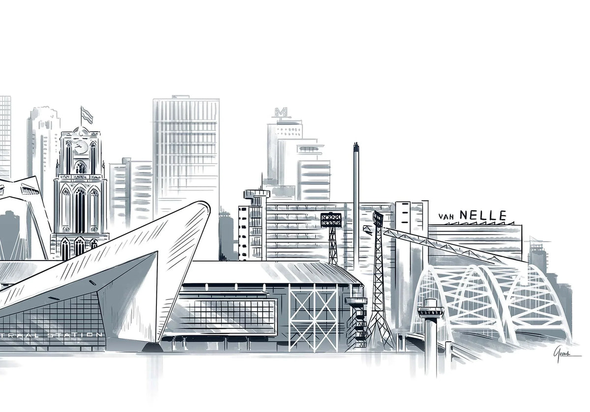Handgetekende poster Rotterdam Skyline Compilatie, kunst geïnspireerd op skyline Rotterdam ingelijst