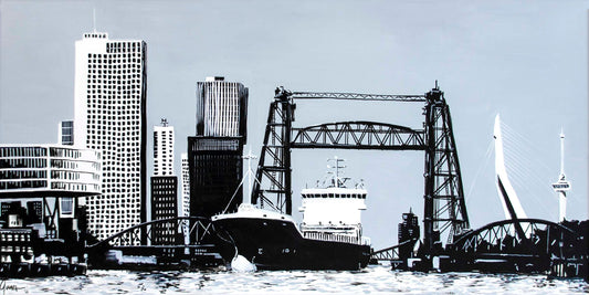 Poster De Hef en Vrachtschip Rotterdam, handgetekende Rotterdam kunst en skyline ingelijst
