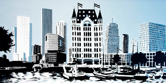 Witte Huis Rotterdam poster, Rotterdam tekening met architectuur en skyline ingelijst