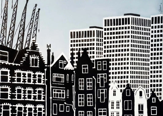 Handgetekende poster Delfshaven Rotterdam, kunst geïnspireerd op skyline Rotterdam ingelijst