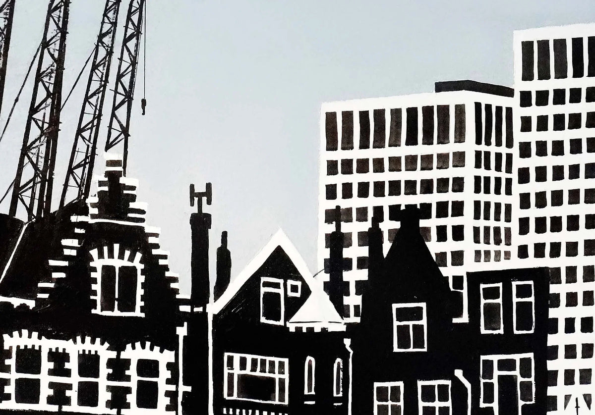 Poster Delfshaven Rotterdam, handgetekende Rotterdam kunst en skyline detail