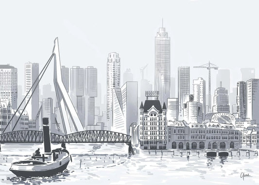 Rotterdam Oud en Nieuw poster, Rotterdam tekening met architectuur en skyline ingelijst