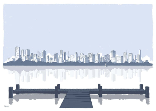 Poster Skyline Rotterdam vanaf Kralingse Plas 1, handgetekende Rotterdam kunst en skyline ingelijst