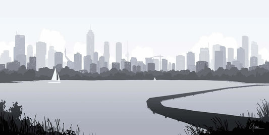 Handgetekende poster Skyline Rotterdam vanaf Kralingse Plas 2, kunst geïnspireerd op skyline Rott...