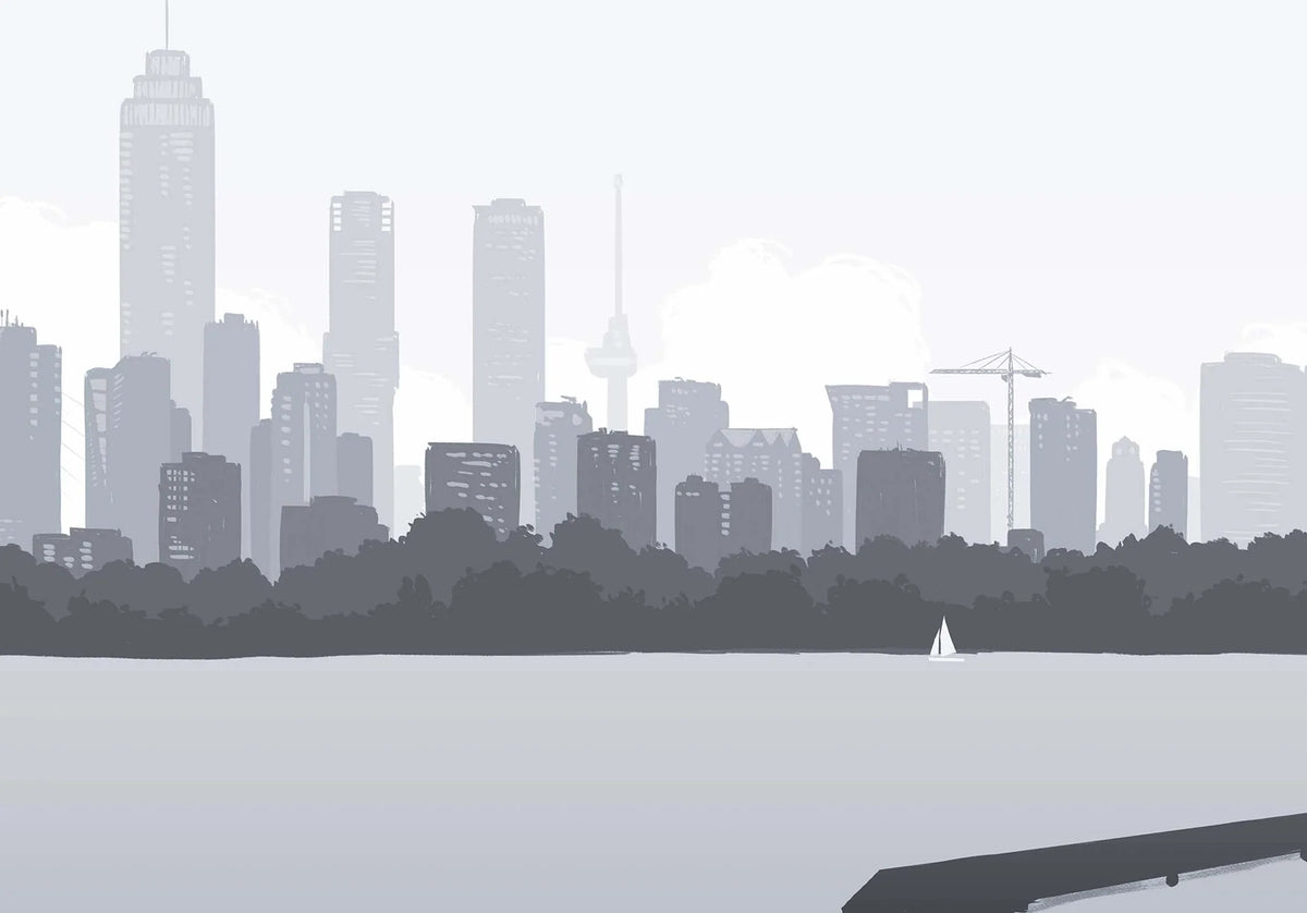 Poster Skyline Rotterdam vanaf Kralingse Plas 2, handgetekende Rotterdam kunst en skyline detail