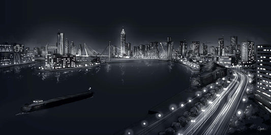 Rotterdam Skyline By Night poster, Rotterdam tekening met architectuur en skyline ingelijst
