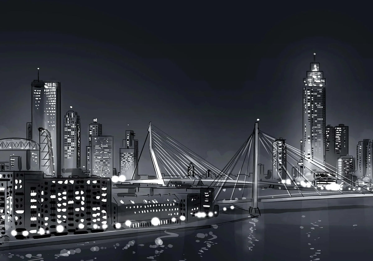 Handgetekende poster Rotterdam Skyline By Night, kunst geïnspireerd op skyline Rotterdam detail
