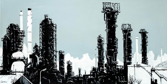 Handgetekende poster Raffinaderij 1 Rotterdam, kunst geïnspireerd op skyline Rotterdam ingelijst