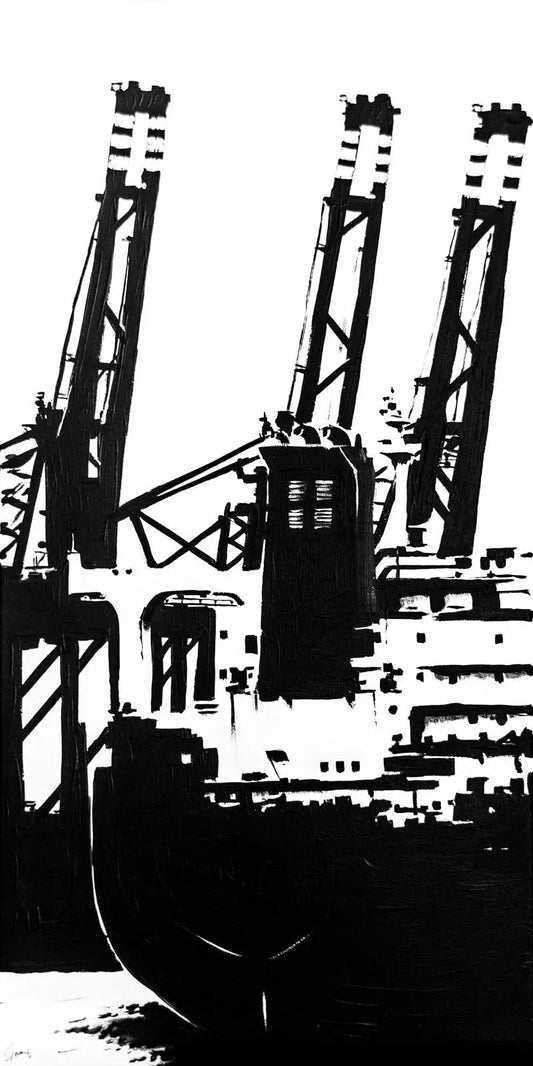 Havenkranen en vrachtschip Rotterdam poster, Rotterdam tekening met architectuur en skyline