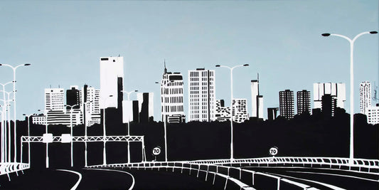 Poster Skyline Rotterdam vanaf Kleinpolderplein, handgetekende Rotterdam kunst en skyline ingelijst