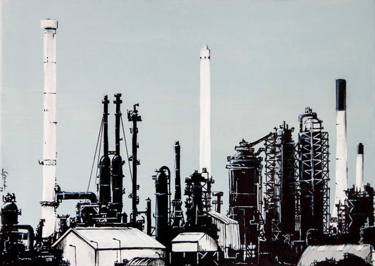Poster Raffinaderij 2 Rotterdam, handgetekende Rotterdam kunst en skyline ingelijst