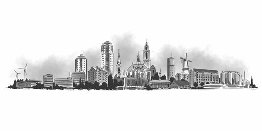 Skyline Vlaardingen poster, grafische tekening van architectuur en skyline ingelijst
