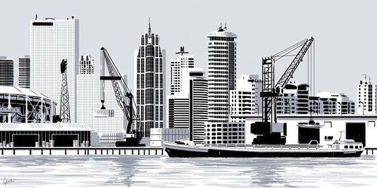 Handgetekende poster Rotterdam Havenstad, kunst geïnspireerd op skyline Rotterdam ingelijst