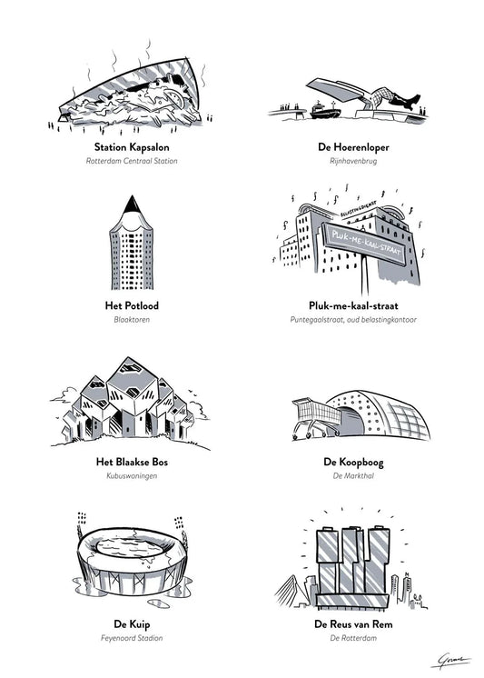 Bijnamen Rotterdamse Gebouwen poster, Rotterdam tekening met architectuur en skyline ingelijst