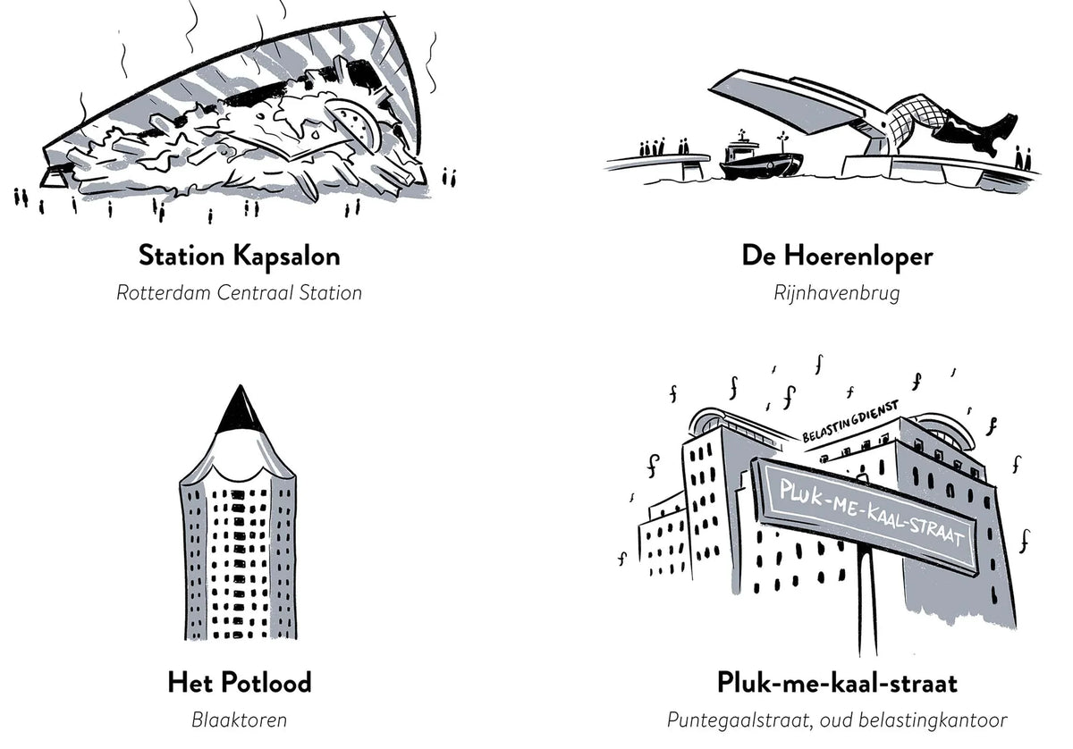 Handgetekende poster Bijnamen Rotterdamse Gebouwen, kunst geïnspireerd op skyline Rotterdam detail