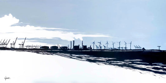 Poster Maasvlakte vanaf Hoek van Holland Rotterdam, handgetekende Rotterdam kunst en skyline