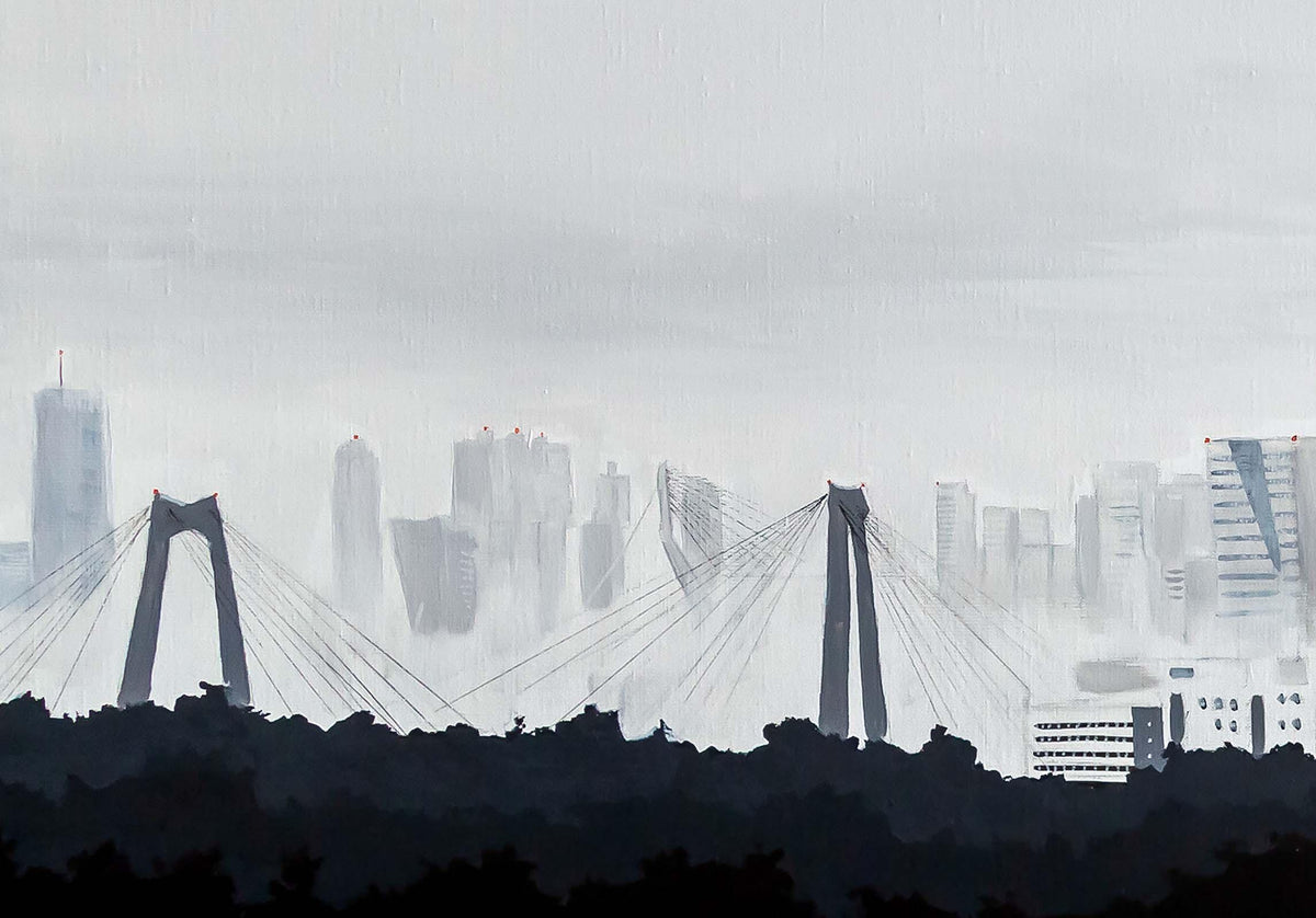 Poster Erasmus Universiteit Rotterdam, handgetekende Rotterdam kunst en skyline detail