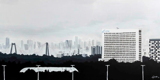 Handgetekende poster Erasmus Universiteit Rotterdam, kunst geïnspireerd op skyline Rotterdam