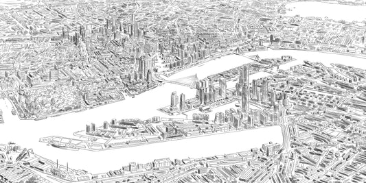 Handgetekende poster Toekomst Hoogbouw Rotterdam, kunst geïnspireerd op skyline Rotterdam ingelijst