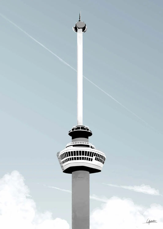 Euromast Rotterdam poster, Rotterdam tekening met architectuur en skyline ingelijst